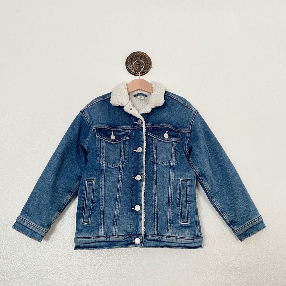 &Denim Kids Faux Shearling Lined Denim Trucker Jacket Blue Size 7-8Y